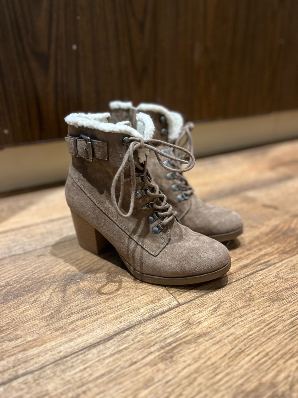 Women's Taupe Suede Lace-Up Ankle Boot with Shearling Trim